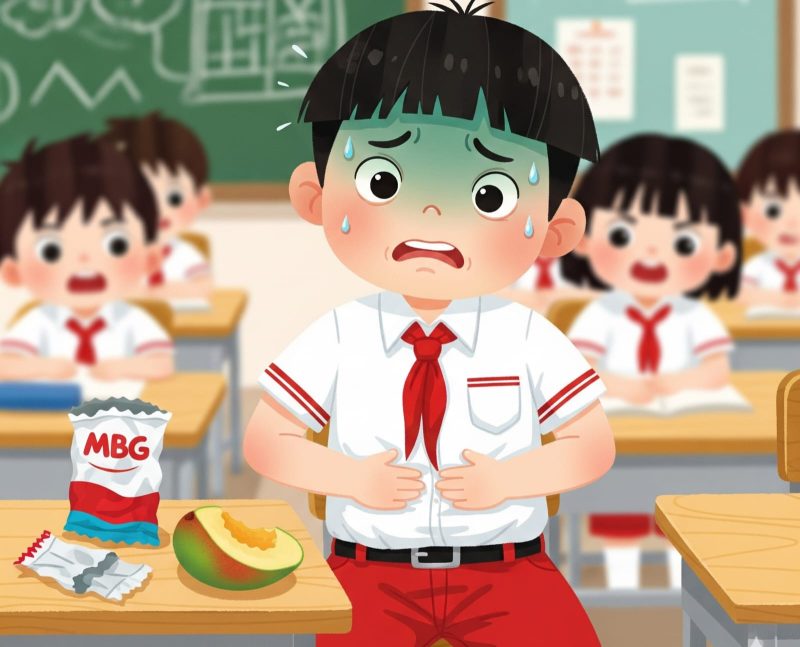 Ilustrasi siswa mengalami sakit perut setelah makan menu MBG.