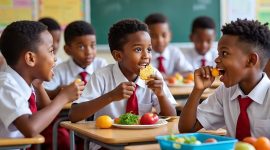 Ilustrasi siswa sekolah dasar sedang makan.