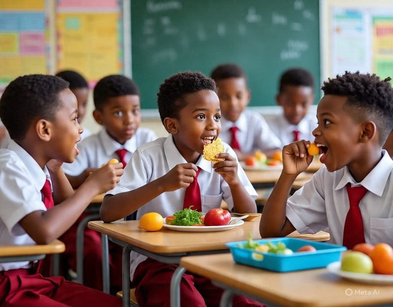 Ilustrasi siswa sekolah dasar sedang makan.